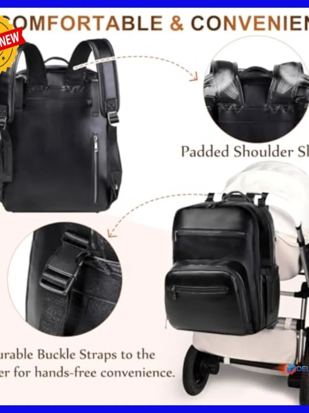 Large Vegan Leather Diaper Backpack with Changing Pad, Laptop Sleeve, Insulated